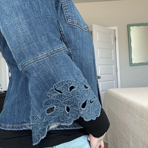 Chico's Blue Jean Jacket with Lace Sleeves - Picture 4 of 11